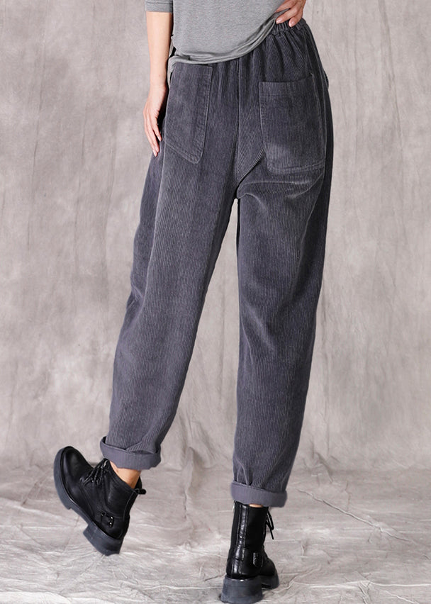 Casual Grey Pockets Patchwork Elastic Waist Corduroy Pants Fall