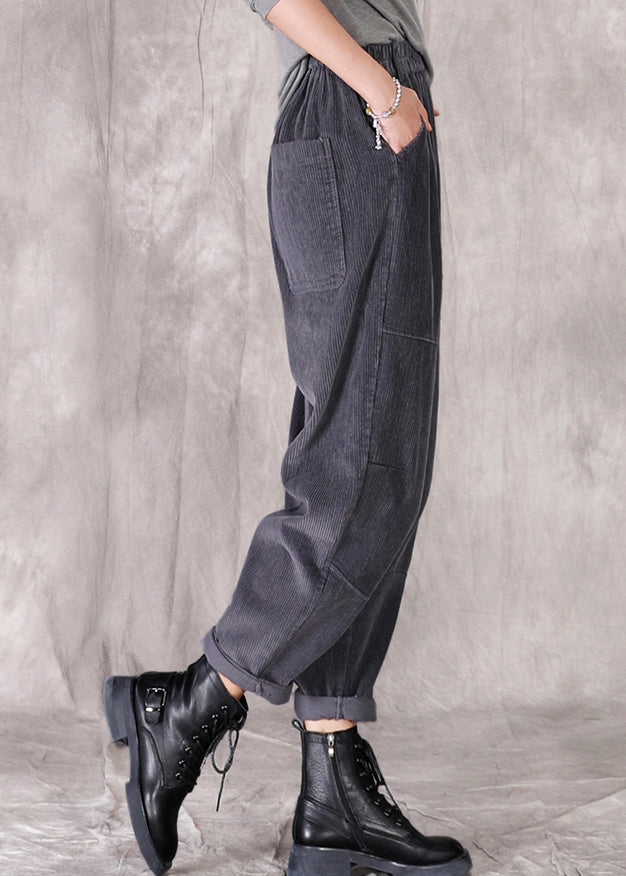 Casual Grey Pockets Patchwork Elastic Waist Corduroy Pants Fall