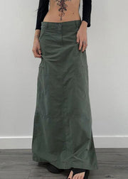 Casual Grey Pockets Side Open Patchwork Cotton Maxi Skirts Fall