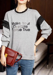 Casual Grey Ruffled Print Patchwork Cotton Sweatshirts Long Sleeve