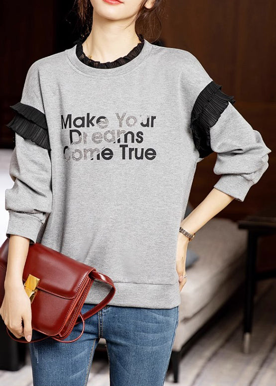 Casual Grey Ruffled Print Patchwork Cotton Sweatshirts Long Sleeve