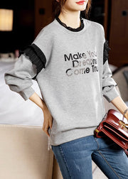 Casual Grey Ruffled Print Patchwork Cotton Sweatshirts Long Sleeve