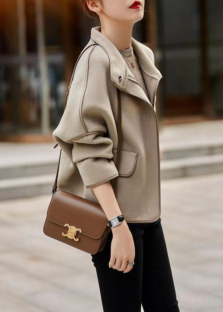 Casual Grey Stand Collar Zippered Patchwork Woolen Coats Fall