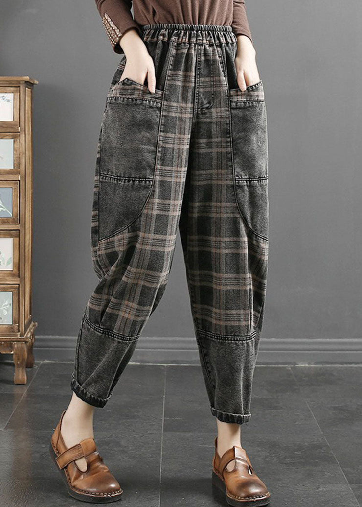 Casual Grey Striped Plaid Patchwork Elastic Waist Crop Pants Fall