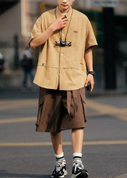 Casual Khaki Button Shirts And Coffee Shorts Cotton Two Pieces Set Men Summer