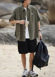 Casual Khaki Button Shirts And Coffee Shorts Cotton Two Pieces Set Men Summer