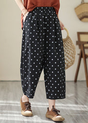 Casual Khaki Dot Pockets Elastic Waist Cotton Crop Pants Fall