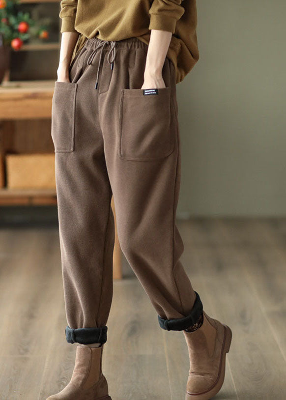 Casual Khaki Elastic Waist Drawstring Pockets Warm Fleece Pants Winter