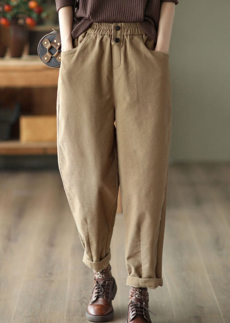 Casual Khaki Elastic Waist Oversized Cotton Harem Pants Fall