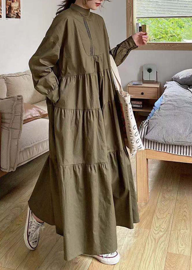 Casual Khaki Hign Neck Patchwork Wrinkled Cotton Long Dress Spring