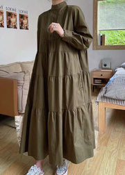 Casual Khaki Hign Neck Patchwork Wrinkled Cotton Long Dress Spring