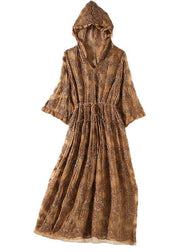 Casual Khaki Hooded Embroideried Silk Cinched Dress Summer