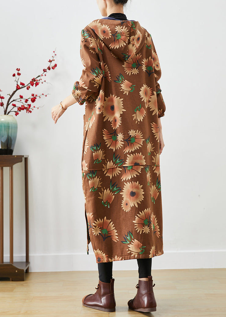 Casual Khaki Hooded Floral Print Warm Fleece Coats Winter