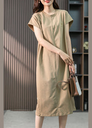 Casual Khaki O-Neck Embroideried Cozy Cotton Maxi Dresses Short Sleeve