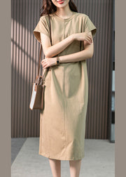 Casual Khaki O-Neck Embroideried Cozy Cotton Maxi Dresses Short Sleeve