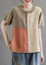 Casual Khaki O Neck Patchwork Cotton Top Short Sleeve