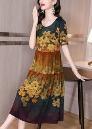 Casual Khaki O-Neck Patchwork Print Silk Long Dress Summer