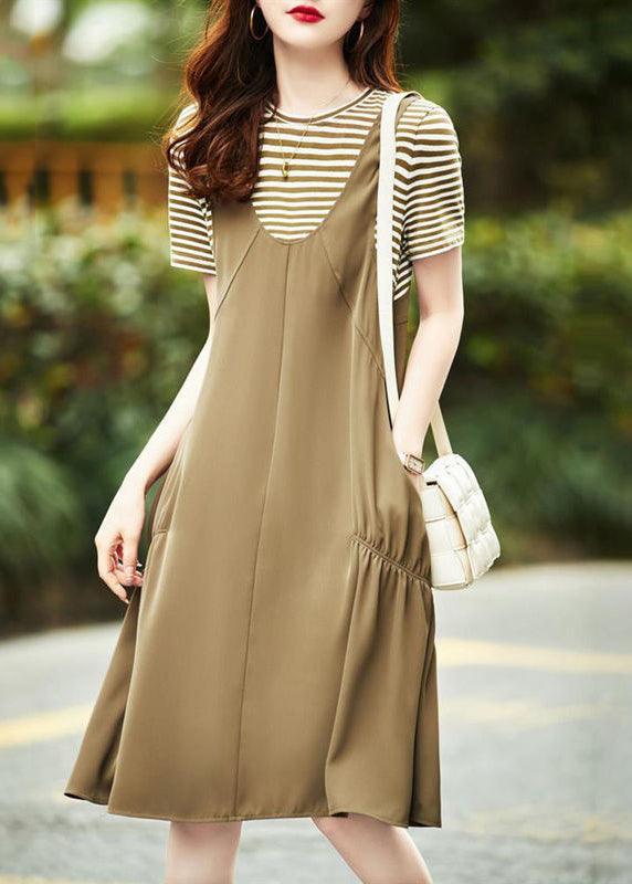 Casual Khaki O Neck Pockets Patchwork Cotton Dresses Summer