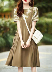 Casual Khaki O Neck Pockets Patchwork Cotton Dresses Summer