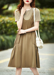 Casual Khaki O Neck Pockets Patchwork Cotton Dresses Summer