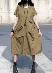 Casual Khaki O Neck Ruffled Patchwork Cotton Dress Summer