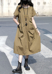 Casual Khaki O Neck Ruffled Patchwork Cotton Dress Summer