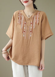 Casual Khaki Oversized Embroideried Cotton Blouse Tops Summer