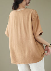 Casual Khaki Oversized Embroideried Cotton Blouse Tops Summer