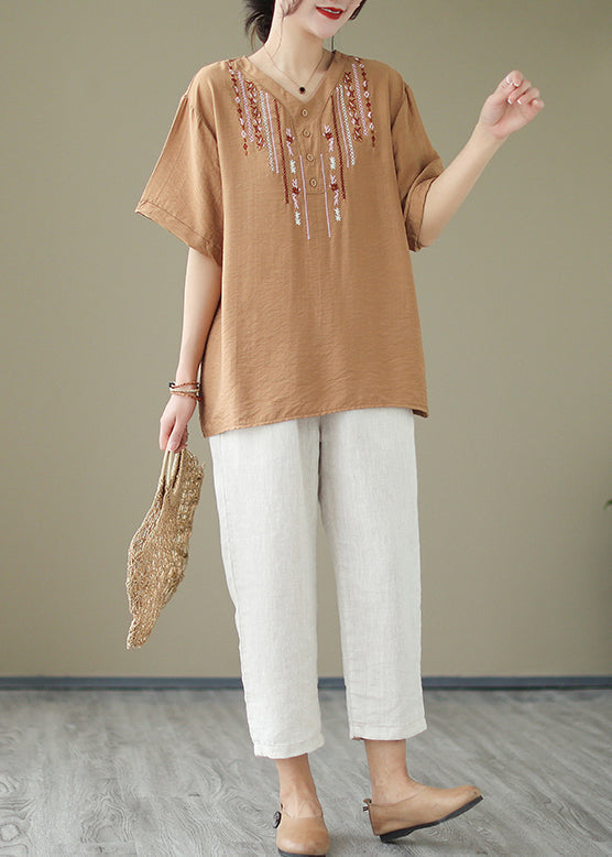 Casual Khaki Oversized Embroideried Cotton Blouse Tops Summer