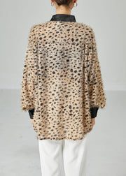 Casual Khaki Oversized Fluffy Leopard Print Top Long Sleeve