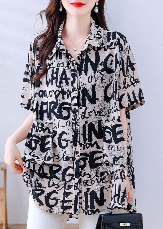 Casual Khaki Oversized Letter Print Chiffon Shirt Tops Summer