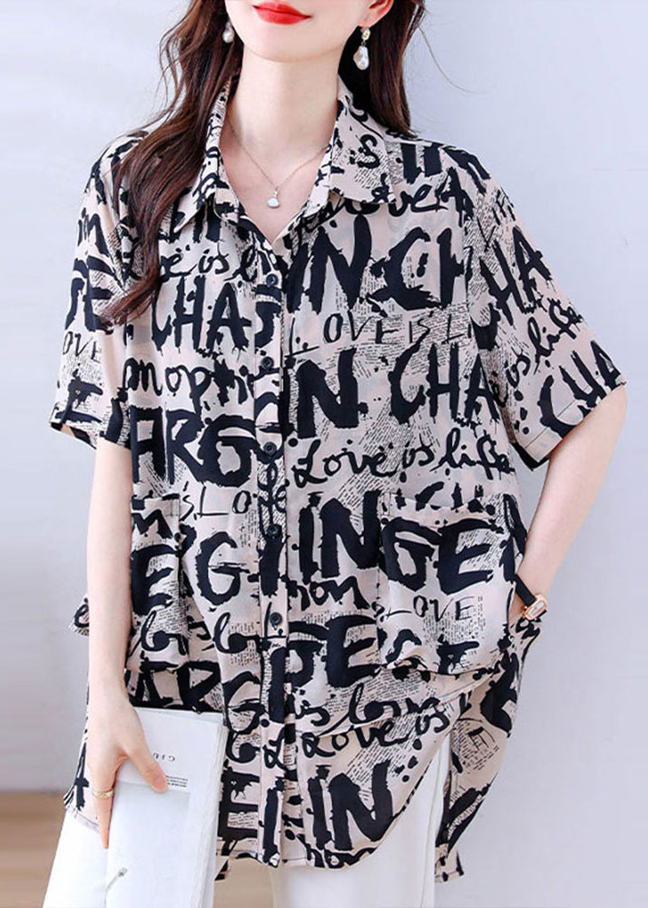 Casual Khaki Oversized Letter Print Chiffon Shirt Tops Summer