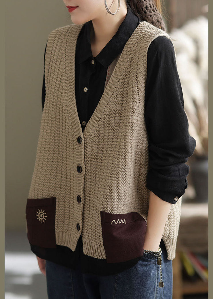 Casual Khaki Oversized Patchwork Pockets Knit Vest Sleeveless