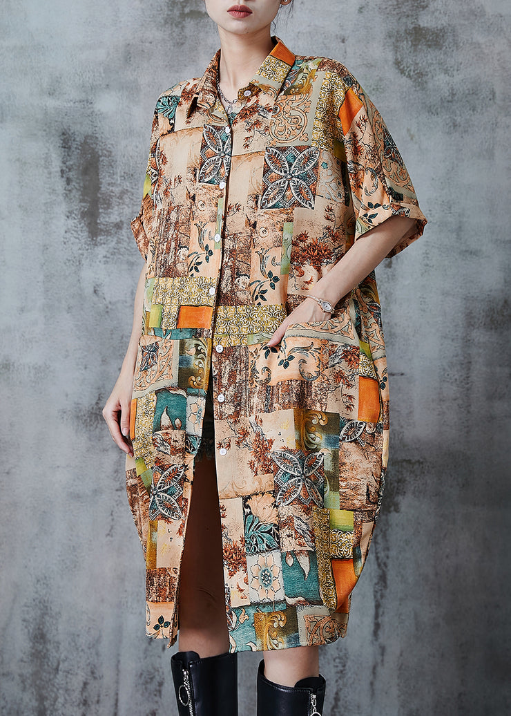 Casual Khaki Oversized Print Chiffon Shirt Dress Summer