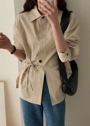 Casual Khaki Patchwork Button Tie Waist Shirt Long Sleeve