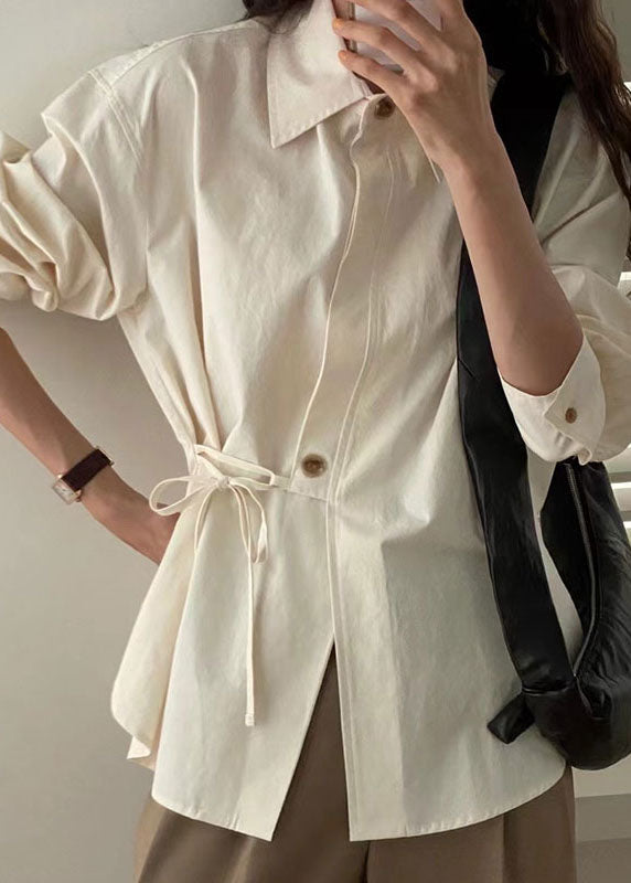 Casual Khaki Patchwork Button Tie Waist Shirt Long Sleeve