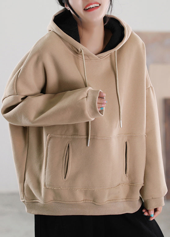 Casual Khaki Patchwork Drawstring Warm Fleece Hoodies Pullover Fall