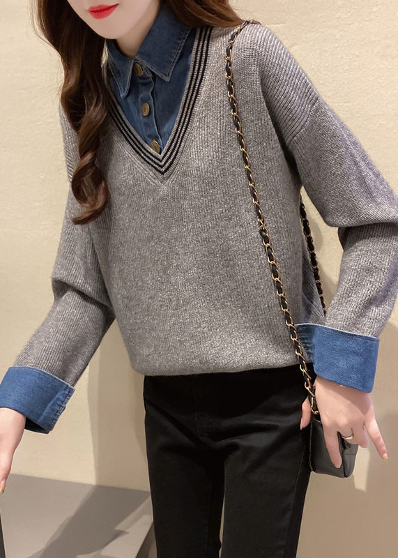 Casual Khaki Peter Pan Collar Denim Patchwork False Two Pieces Knit Shirt Fall