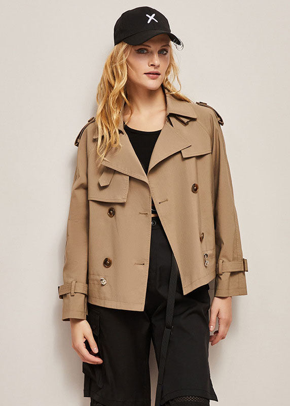 Casual Khaki Peter Pan Collar Double Breast Cotton Short Coat Fall