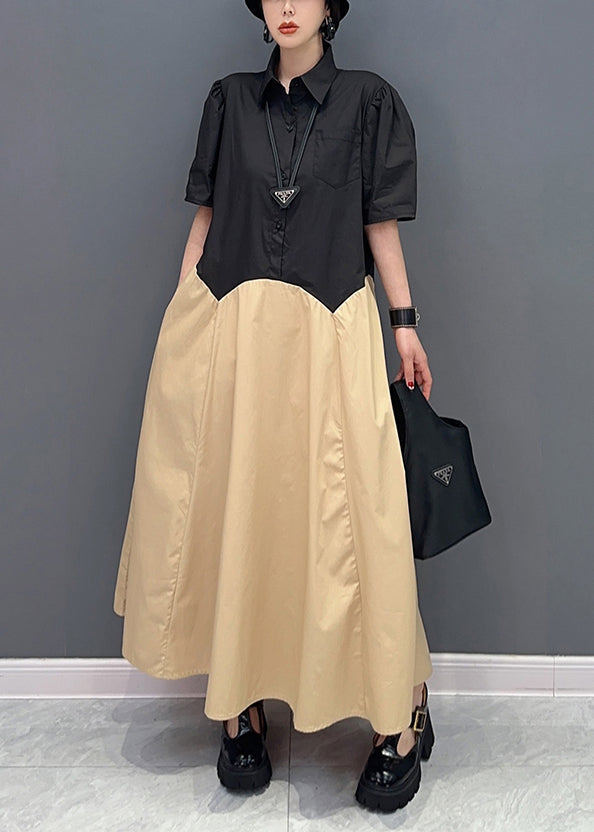 Casual Khaki Peter Pan Collar Patchwork Cotton Maxi Dress Summer