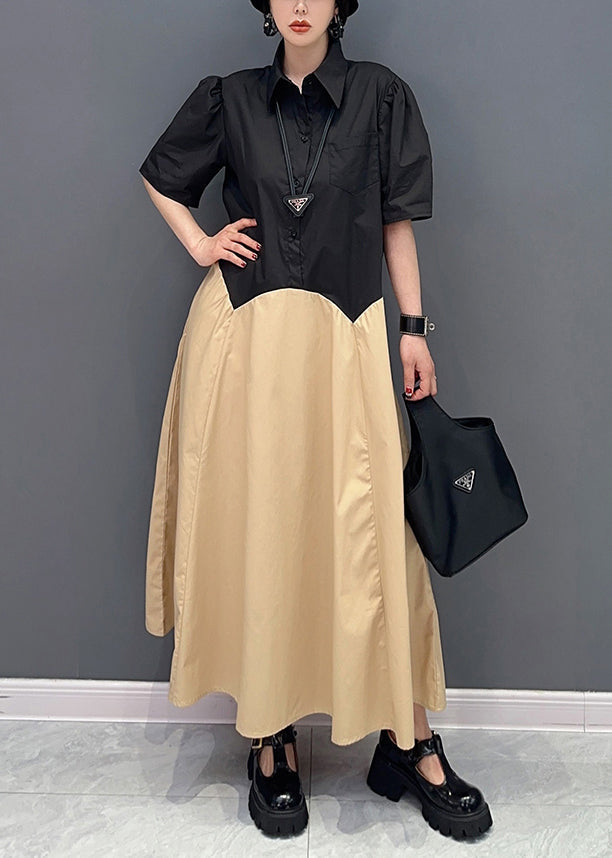 Casual Khaki Peter Pan Collar Patchwork Cotton Maxi Dress Summer