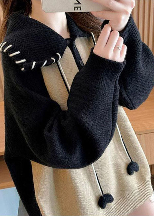 Casual Khaki Peter Pan Collar Patchwork Warm Knit Pullover Winter