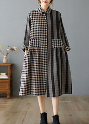 Casual Khaki Peter Pan Collar Plaid Cotton Dresses Spring