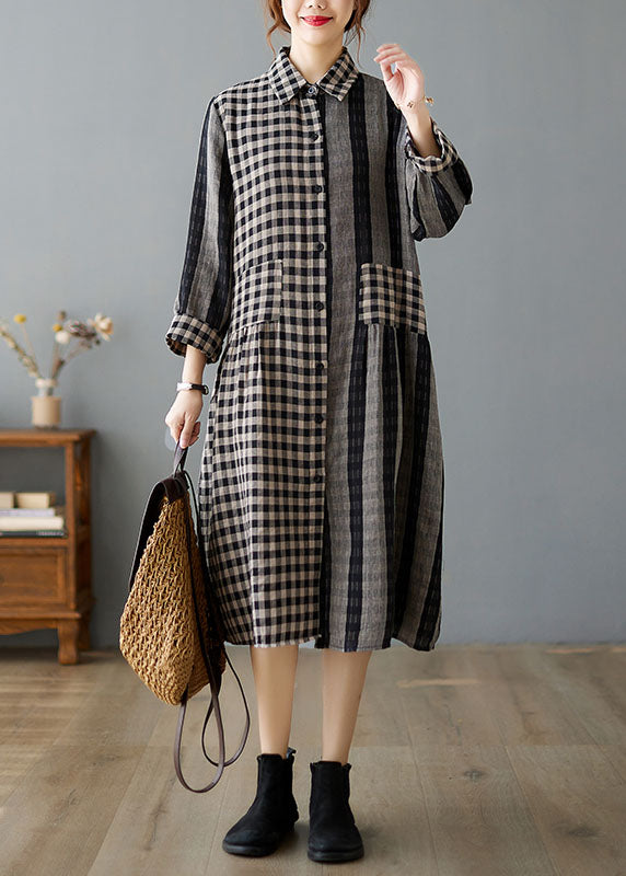 Casual Khaki Peter Pan Collar Plaid Cotton Dresses Spring