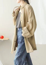 Casual Khaki Peter Pan Collar Pockets Button Mid Coat Lantern Sleeve