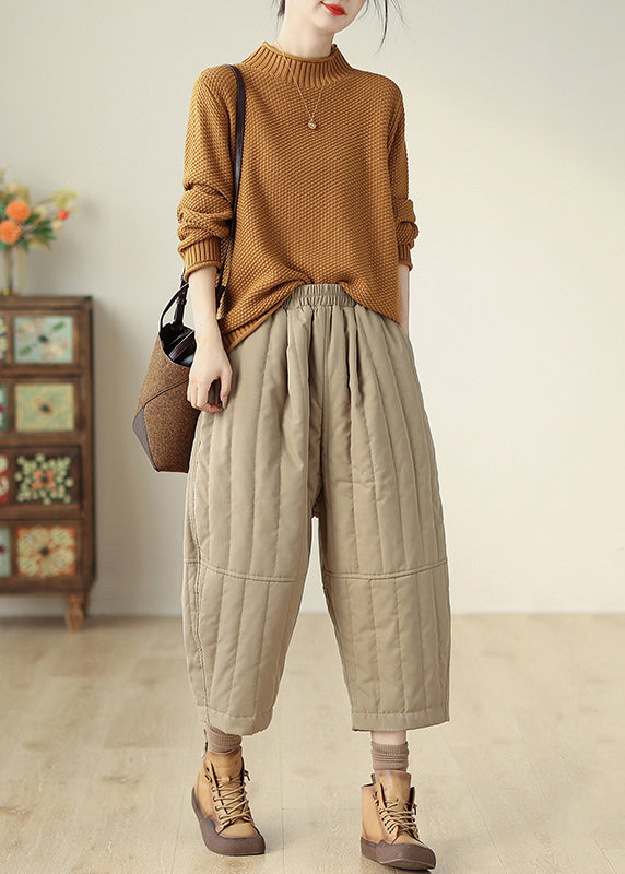 Casual Khaki Pockets Elastic Waist Fine Cotton Filled Crop Pants Winter