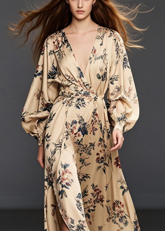 Casual Khaki Print Side Open Chiffon Long Dress Fall