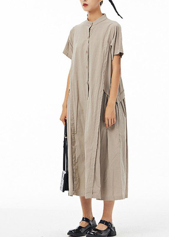 Casual Khaki Stand Collar Button Solid Cotton Long Shirt Dress Summer