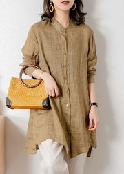 Casual Khaki Stand Collar Patchwork Button Linen Top Spring