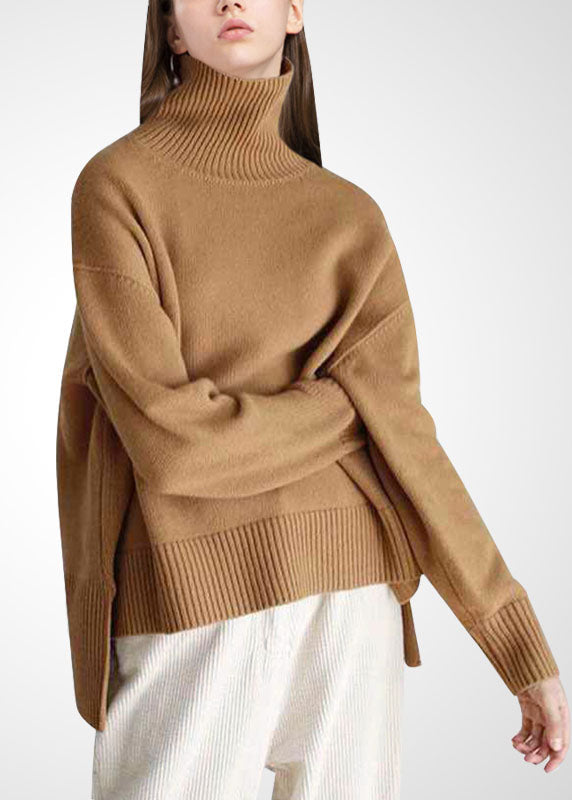 Casual Khaki Turtle Neck Low High Design Cozy Wool Knit Pullover Winter